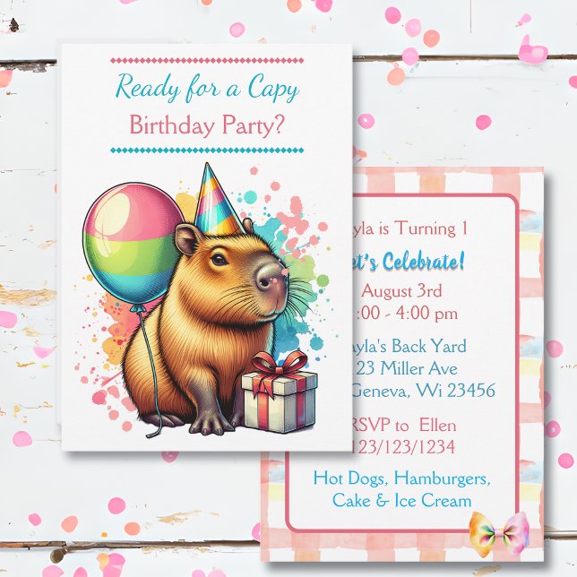 Convite A Festa de aniversário da Menina Themed, Capybara  (Criador carregado)
