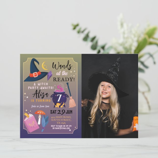 Convite A Festa de aniversário das bruxas prepara as rapar (Em pé/Frente)