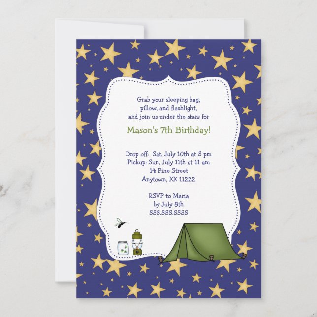 Convite A festa de aniversário de acampamento convida (Frente)