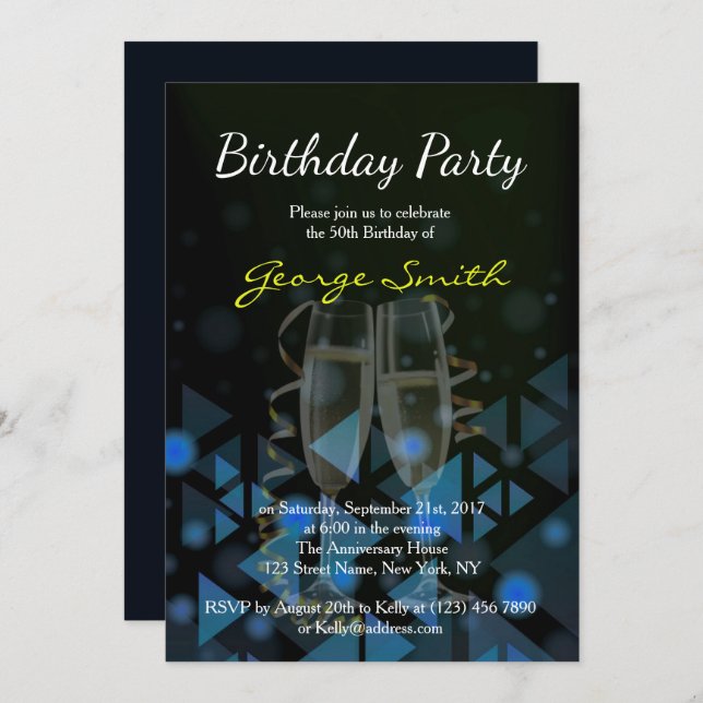 Convite A festa de aniversário elegante dos azuis marinhos (Frente/Verso)