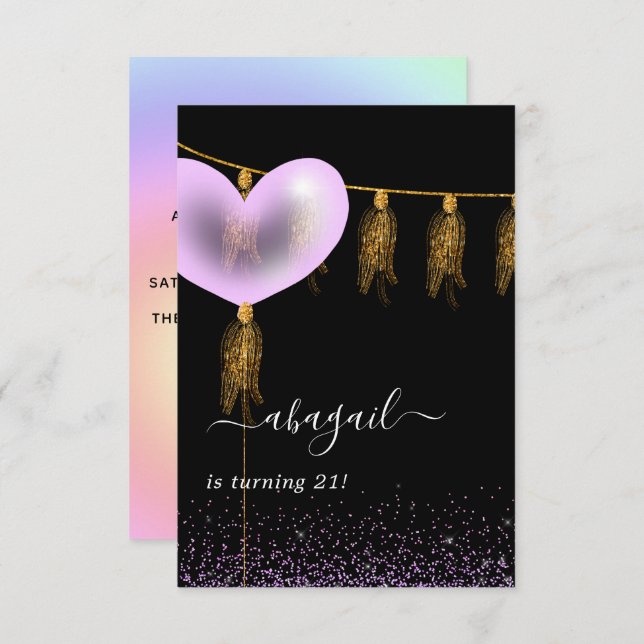 Convite à Festa de aniversário Roxo e Dourado e Pr (Frente/Verso)