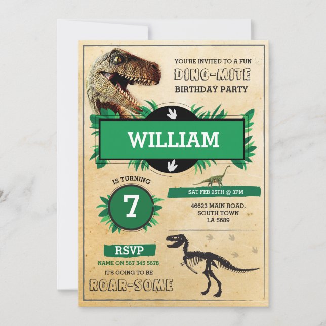 Convite A festa de aniversário T-Rex Dino da escavação do (Frente)