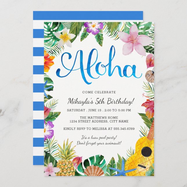 Convite A festa de aniversário tropical de Luau da (Frente/Verso)