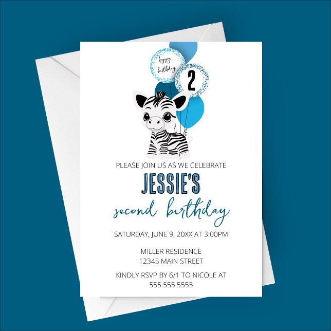 Convite à Festa de aniversário Zebra minimalista (Minimalist Zebra Birthday Party Invitation with Blue Balloons)