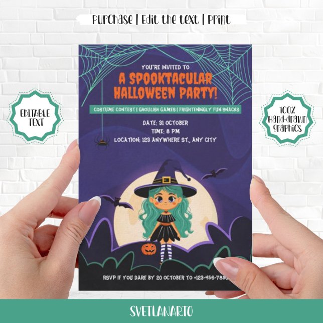 Convite à Festa de Bruxas Bonitas (Cute Little Witch Halloween Party Invitation)