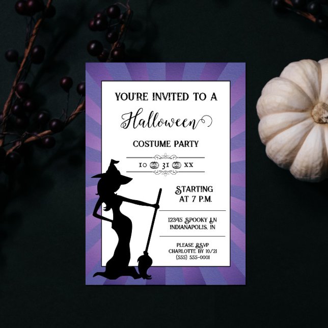 Convite à Festa de Bruxas de Bruxas de Starburst R (Purple Starburst Witch Halloween Party Invite)
