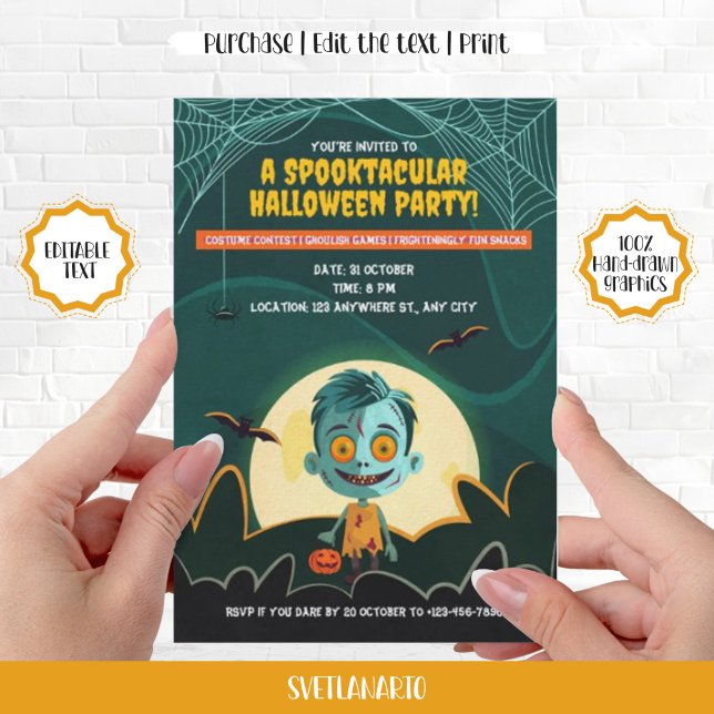 Convite à Festa de Dia das Bruxas do Zombie Boy Bo (Cute Zombie Boy Halloween Party Invitation)