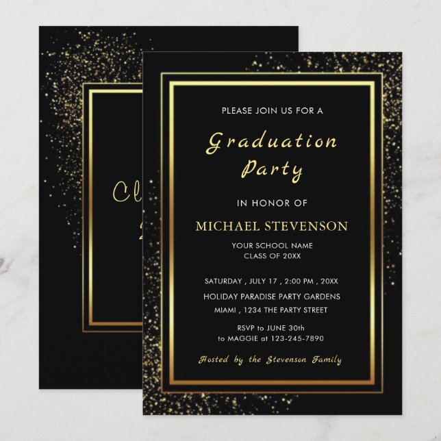 Convite à festa de formatura - Dourado preto moder (Frente/Verso)