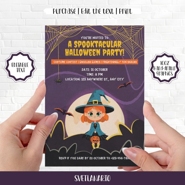 Convite à Festa de Halloween da Bruxa Ginger (Cute Ginger Witch Girl Halloween Party Invitation)