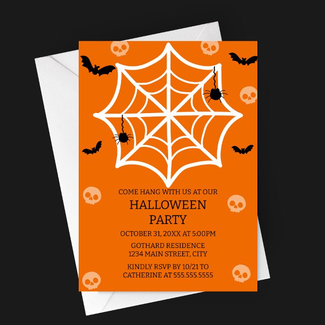 Convite à Festa de Halloween de Aranha Spooky-Cute (Cute Spooky Spider Web Halloween Party Invitation with skulls, bats, spiders)