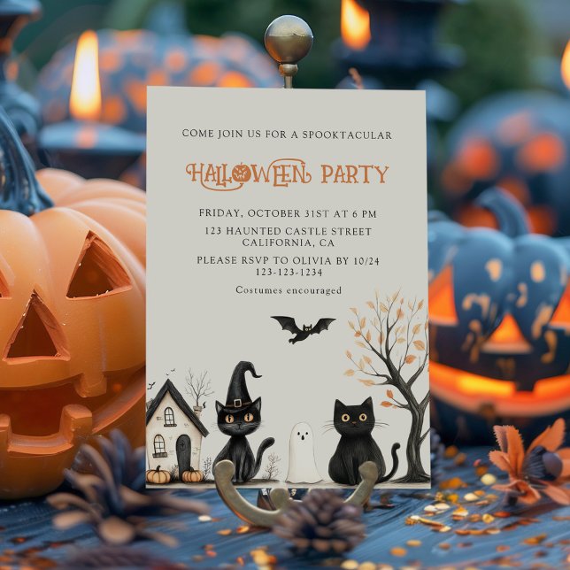 Convite à Festa de Halloween de Gatos Negros (Black Cats Halloween Party Invitation surrounded with black and orange Jack O Lanterns.)