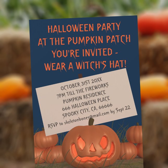 Convite à Festa de Halloween de Patch de Abóbora B (You're invited to wear a witches hat at your Halloween party! Fun pumpkin invitation!)