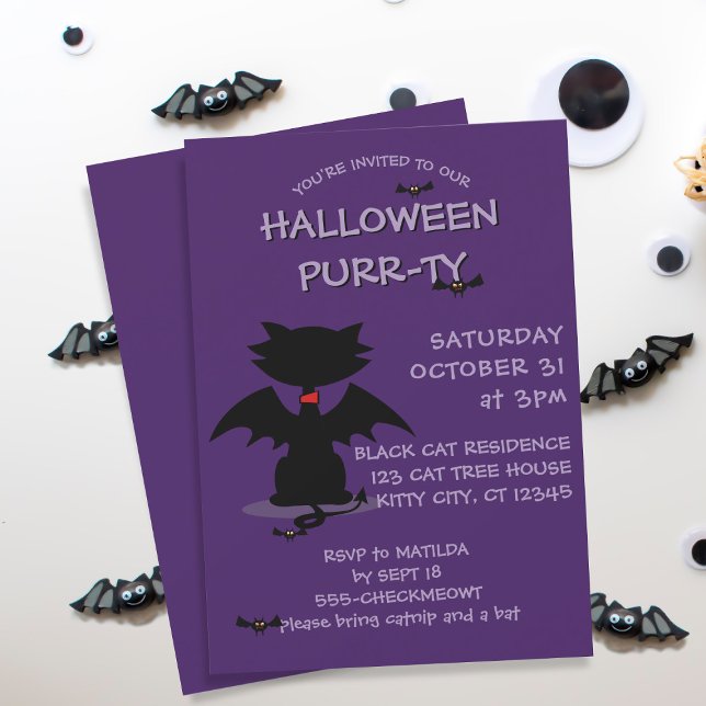 Convite à Festa de Halloween Roxo de Gato Negro (It's the black cat's favorite time of the year and is ready to party. Add the details of yours!)