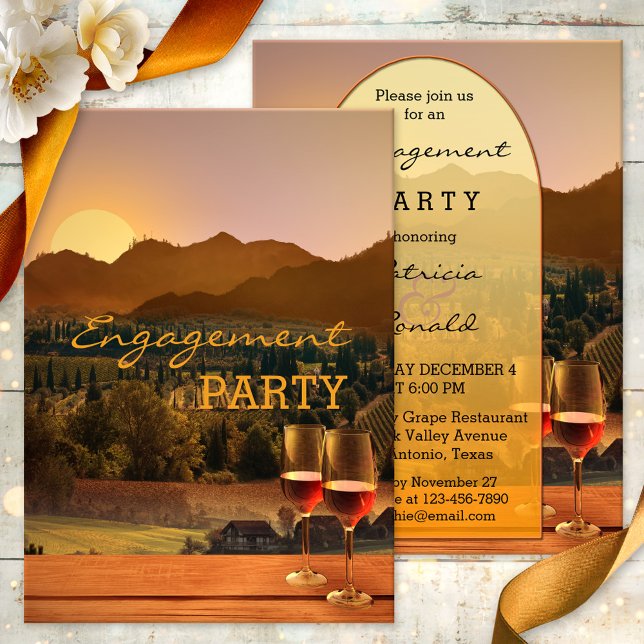 Convite à Festa de noivado do Tema do Vinha (Engagement party invitation with two glasses of wine on a rustic wood table overlooking a vineyard)
