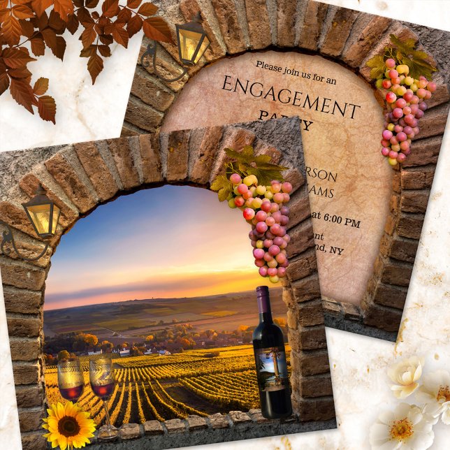 Convite à Festa de noivado do Tema do Vinha (Festive engagement party invitation featuring a romantic sunset on an Italian vineyard landscape)