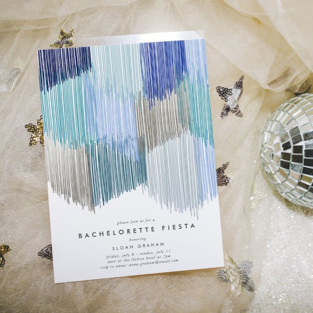 Convite à Festa de solteira de Fringe Moderna Azul (Blue modern fringe bachelorette party invitation.)