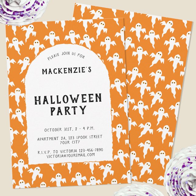 Convite à Festa Ghost Halloween (Fun orange ghost personalized Halloween party invitation)