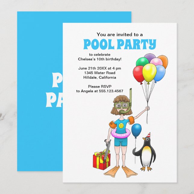 Convite A Festa na Piscina da Menina e do Pinguim (Frente/Verso)