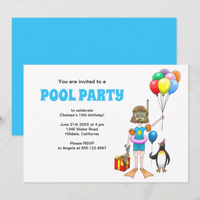 Convite A Festa na Piscina da Menina e do Pinguim (Frente/Verso)
