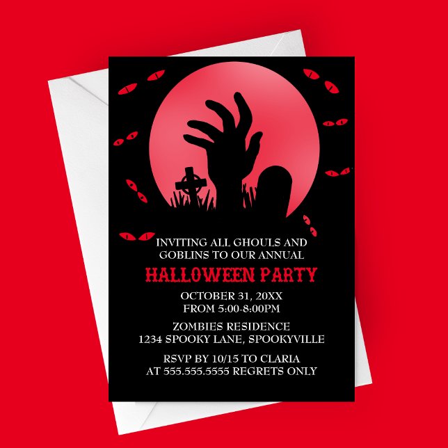 Convite à Festa Zombie Halloween (Red Zombie Spooky Halloween Party Invitation | Graveyard with Haunted Eyes and Full Moon)