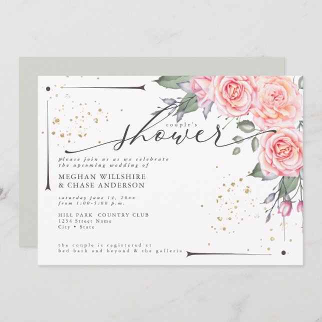 Convite à Folhagem Verde Rústica do Chá Casal Dust (Frente/Verso)