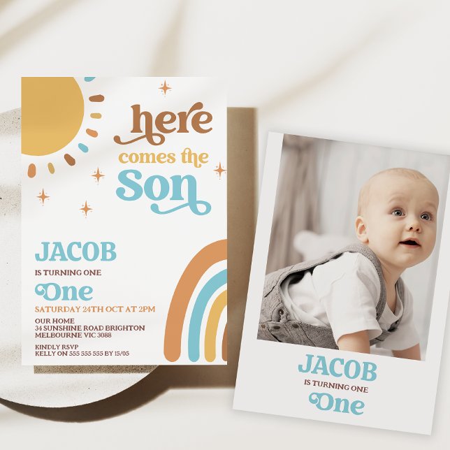 Convite A Foto Azul Aqui Vem O primeiro aniversario Do Sol (Here comes the sun 1st birthday invitation boy, Sun birthday party invite, Retro sunshine birthday)