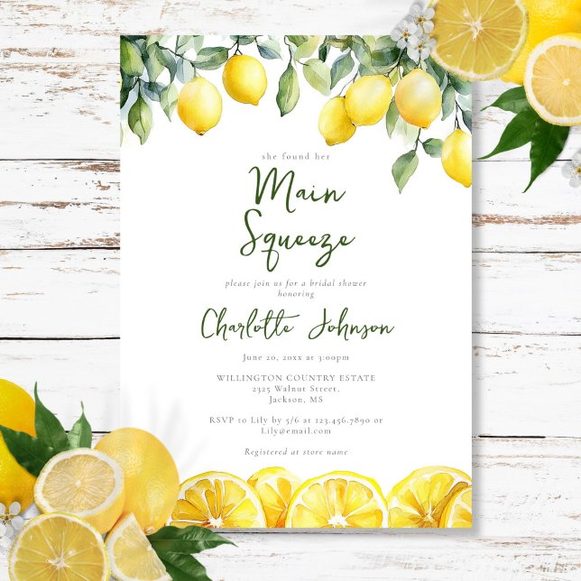 Convite A Grande Atração Lembrança em Aquarela para Chá de (Main Squeeze Modern Watercolor Lemon Bridal Shower Invitation)