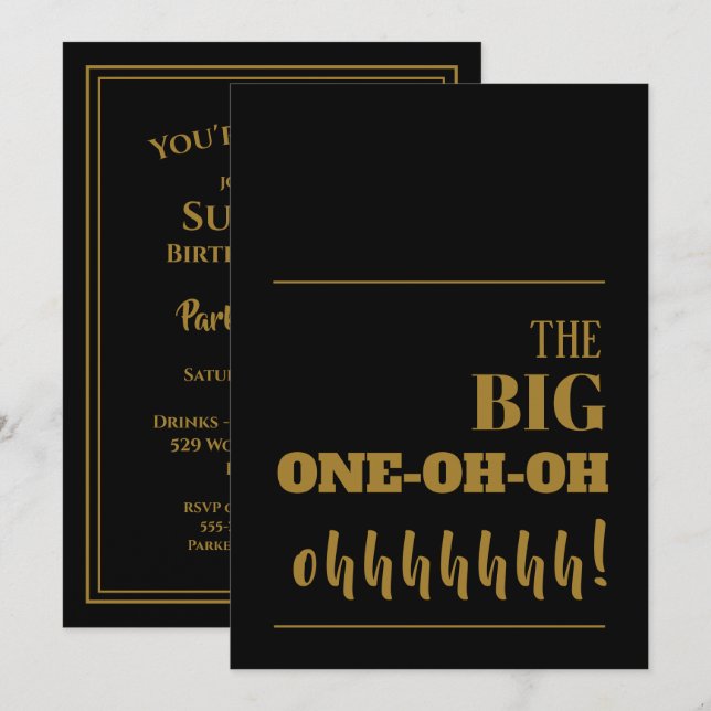 Convite A grande Festa de aniversário Dourada preta 100 (Frente/Verso)