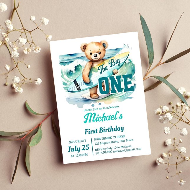 Convite A grande placa de surfe do ursinho de surfe da fes (The big one surfing ocean themed birthday party template invitation instant download surfer tedddy)