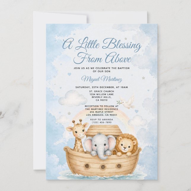 Convite A Little Blessing from Above Noah's Ark Baptism (Frente)