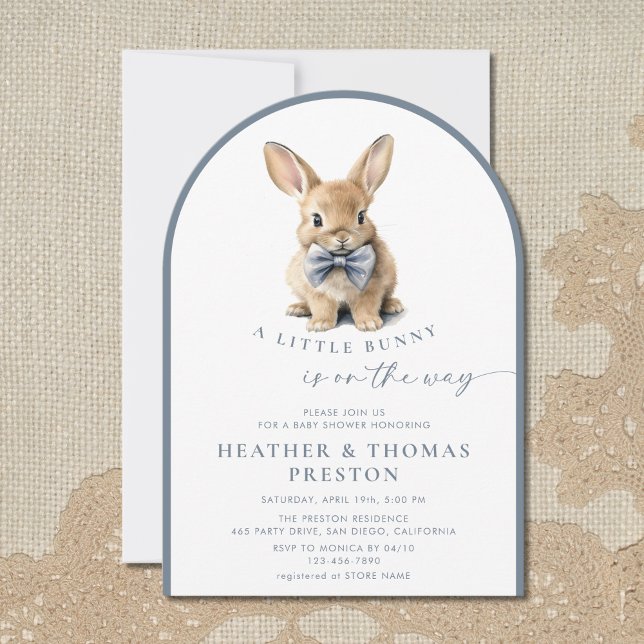 Convite A Little Bunny Elegant Slate Blue QR Baby Shower (Criador carregado)