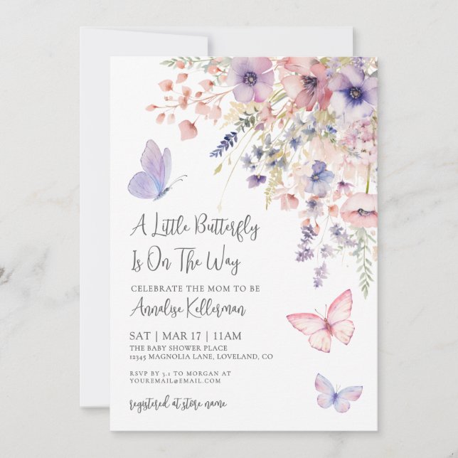 Convite A Little Butterfly Wildflower Baby Shower (Frente)