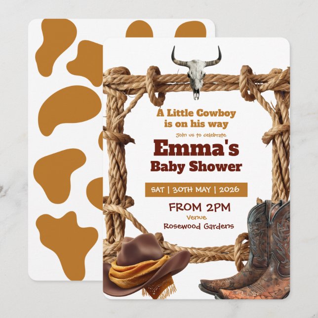 Convite A Little Cowboy Rope and Boots Western Baby Shower (Frente/Verso)