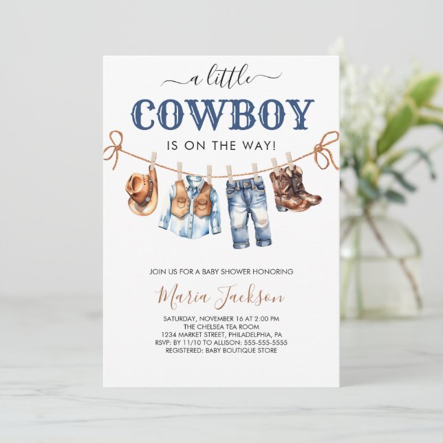 Convite A Little Cowboy Wild West Blue boy Baby Shower (Em pé/Frente)