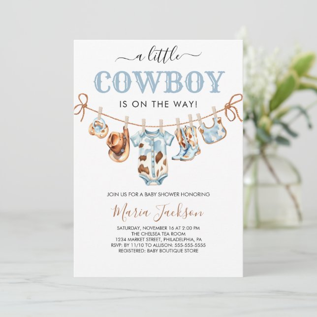 Convite A Little Cowboy Wild West Blue Cowboy Baby Shower (Em pé/Frente)