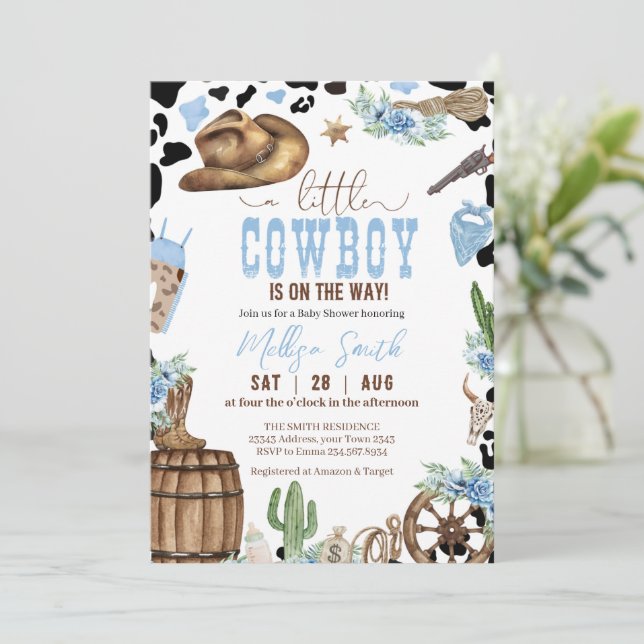Convite A Little Cowboy Wild Western Boy Blue Baby Shower (Em pé/Frente)
