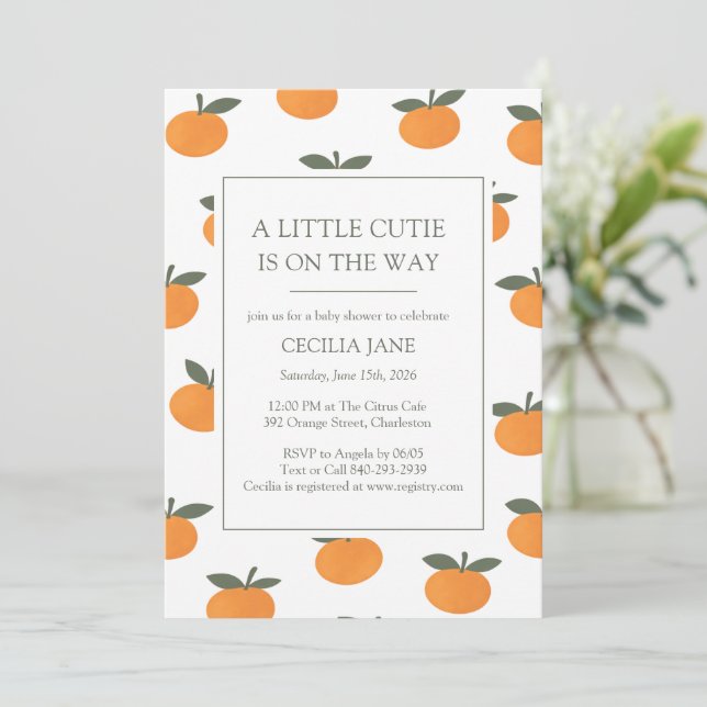 Convite A Little Cutie Orange Gender Neutral Baby Shower (Em pé/Frente)