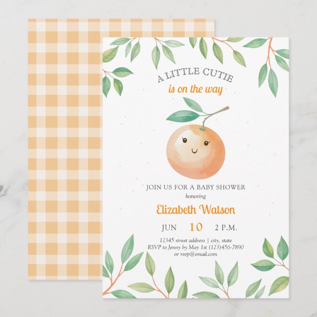 Convite A Little Cutie Orange Gingham Citrus Baby Shower (Frente/Verso)