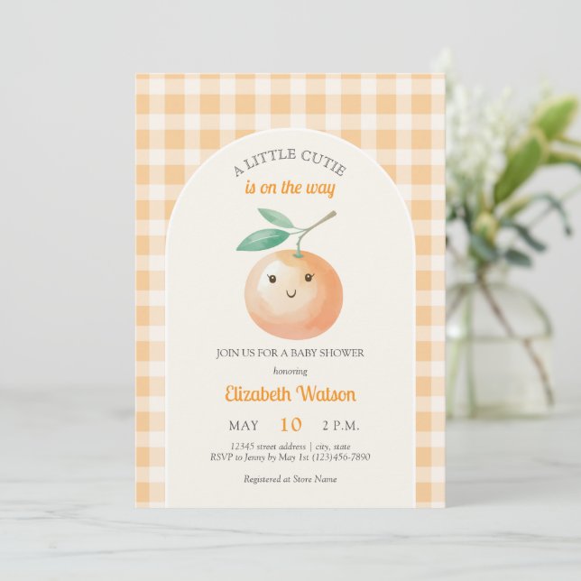 Convite A Little Cutie Orange Gingham Citrus Baby Shower (Em pé/Frente)
