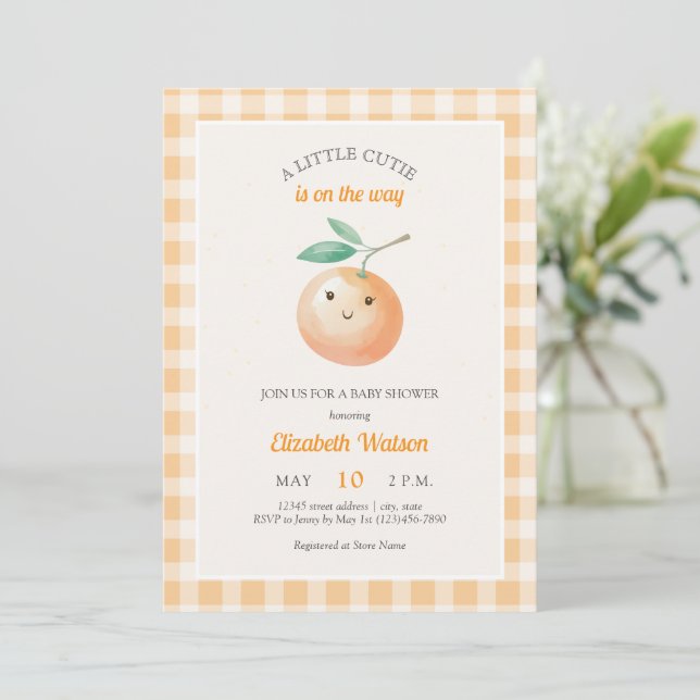 Convite A Little Cutie Orange Gingham Citrus Baby Shower (Em pé/Frente)
