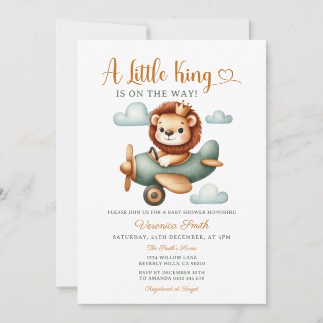 Convite A little King is on the way Cute Lion Baby Shower  (Frente)