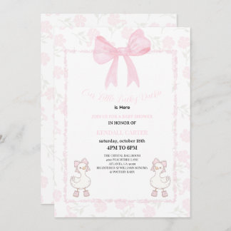 Convite A Little Lucky Duckie Pink Bow Floral Baby Shower