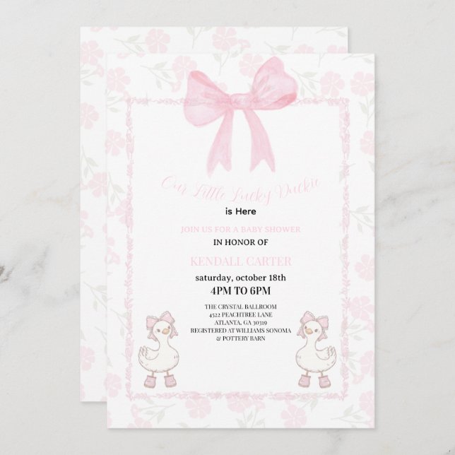 Convite A Little Lucky Duckie Pink Bow Floral Baby Shower (Frente/Verso)