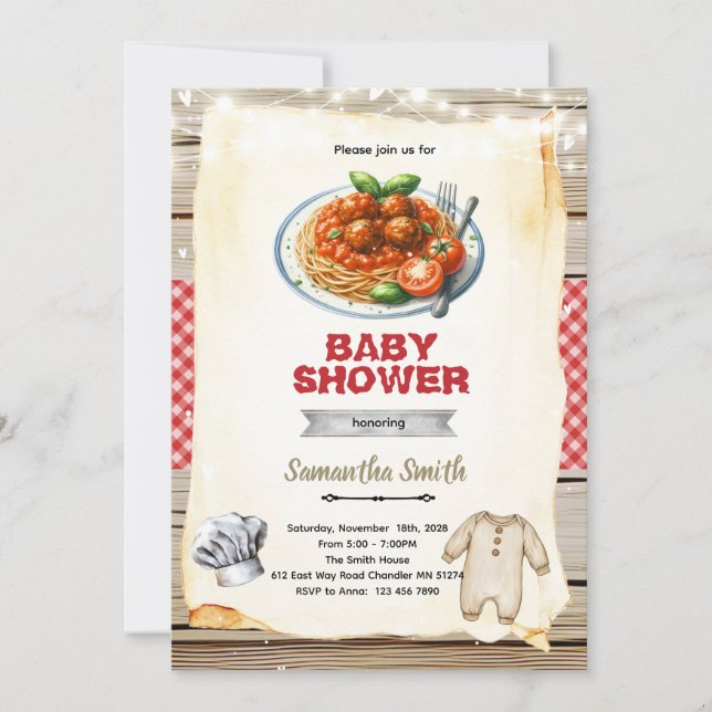 Convite A Little Meatball pasta Baby Shower Invitation (Frente)