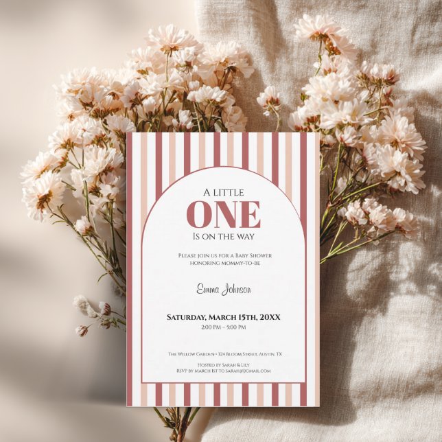 Convite A Little One • Blush Pink Baby Shower (A little one baby shower invitation with blush pink and red stripes)