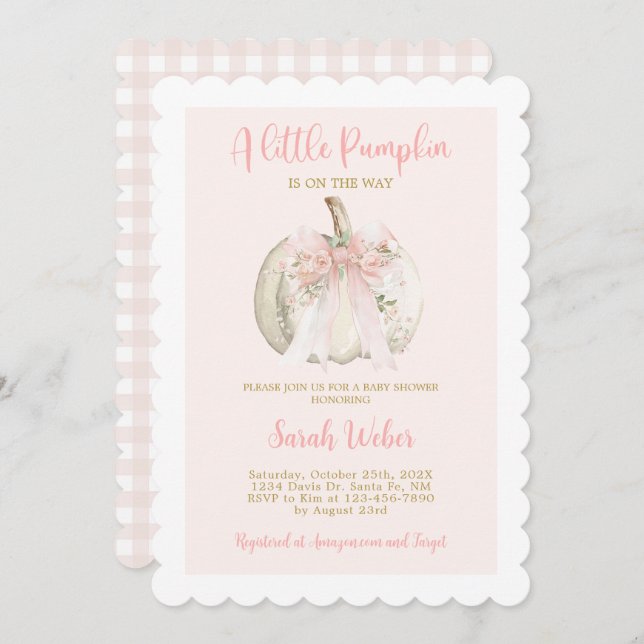 Convite A little pumpkin gingham fall baby shower girl (Frente/Verso)