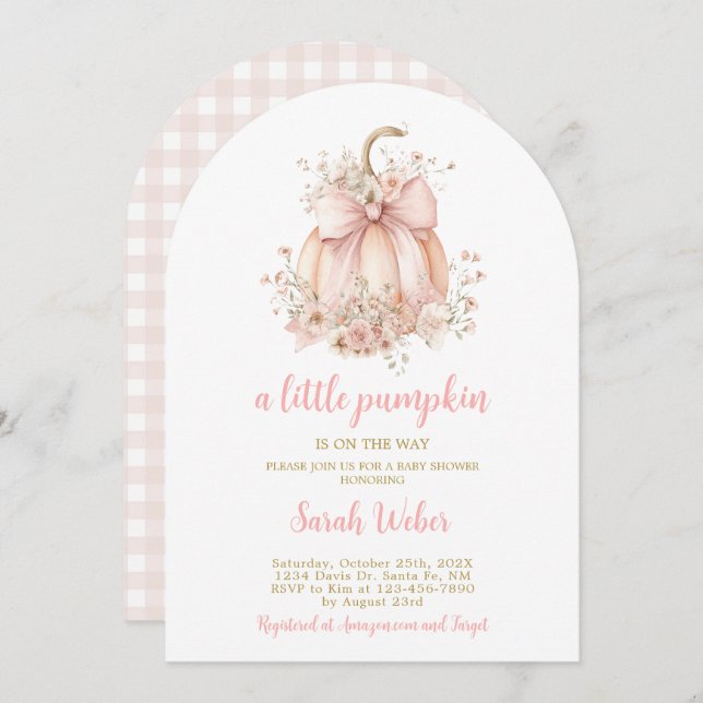 Convite A little pumpkin gingham fall baby shower girl (Frente/Verso)
