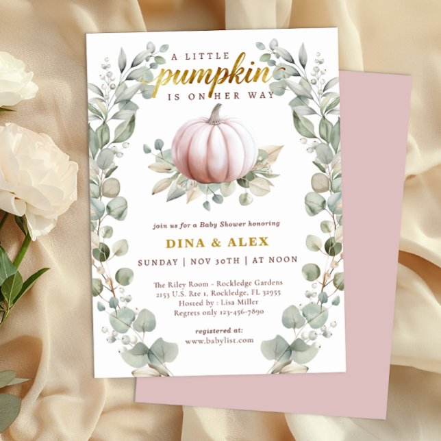 Convite A Little Pumpkin Is on Her Way Fall Baby Shower (Little Pumpkin Baby Shower Invitation - Blush Pink)