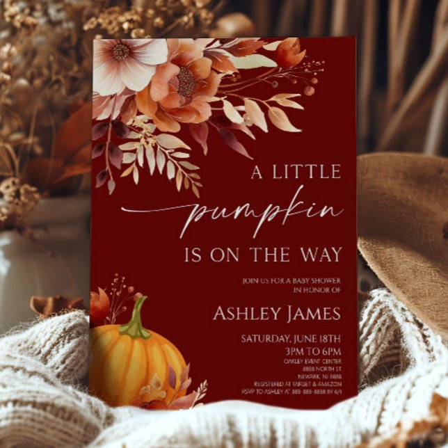 Convite A Little Pumpkin Rusty Burgundy Floral Baby Shower (Criador carregado)