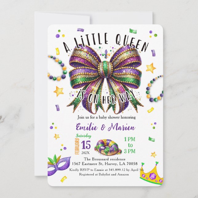 Convite A little Queen is on her way Mardi Gras Invitation (Frente)